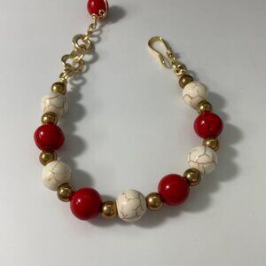 Handmade 6.5” Bracelet with Gold Wire, Bone-White & Red Stones, and Stainless